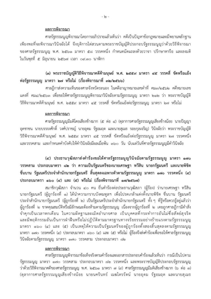 ด่วน! มติศาลรธน. 6:3 สั่งรับคำร้อง 40 ส.ว. เรื่อง “นายกฯ ตั้ง นาย พิชิต เป็น รมต.”  