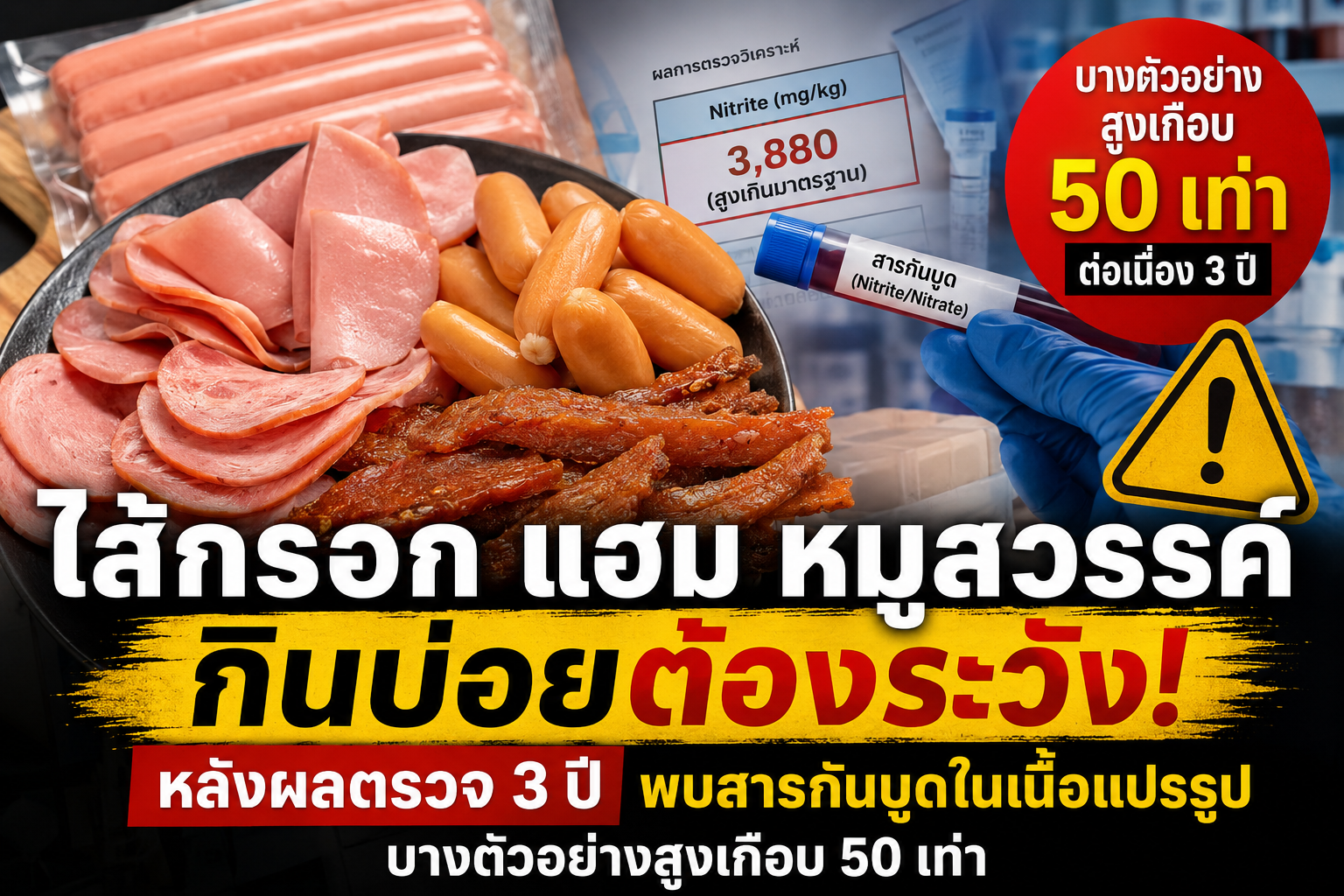 ไส้กรอก แฮม หมูสวรรค์ พบสารกันบูดในเนื้อแปรรูปบางตัวอย่างสูงเกือบ 50 เท่า